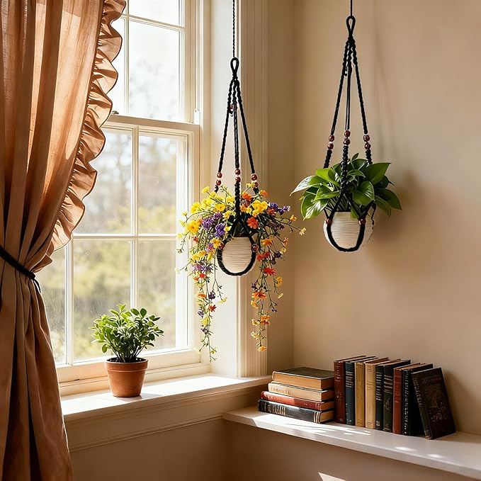 35 Inch Macrame Plant Hanger, Large for up to 15 Inch Pot Extra Long Hanging Planter Holder Basket with Wood Beads for Indoor Outdoor Home Decor (Black, 1-Pack) Rootora