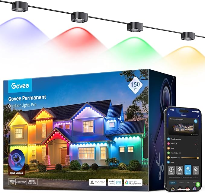 Govee Permanent Outdoor Lights Pro, 150ft with 90 RGBIC LED Lights for Daily and Accent Lighting, 75 Scene Modes for Outdoor Decor, IP67 Waterproof, Works with Alexa, Google Assistant, Matter, Black Govee