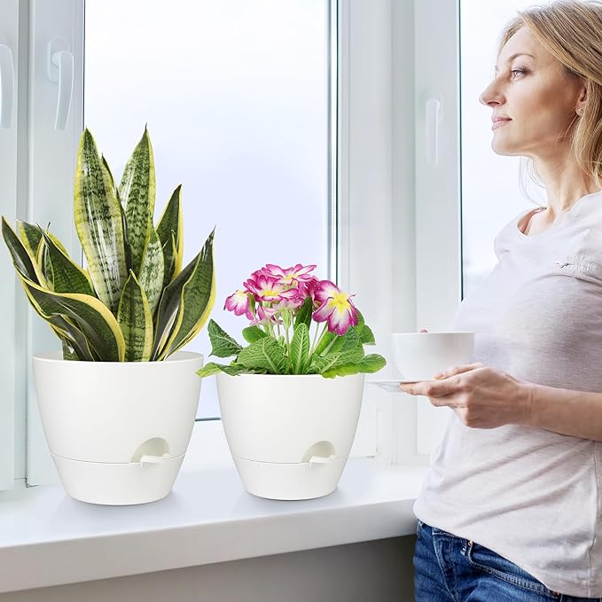 Plant Pots 12/10/9 Inch Self Watering Pots, Set of 3 Plastic Planters with Drainage Holes and Saucers,Plastic Flower Pots,Nursery Planting Pot for Indoor Out Door Plants(Pure White) QRRICA