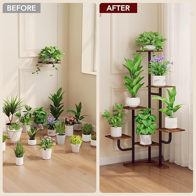 Corner Plant Stand with Grow Light - 6 Tier Plant Stand Indoor Square Metal Plant Shelf with Adjustable Light, Plant Organizer for Living Room, Graden, Home Decor (Brown) Homsorout