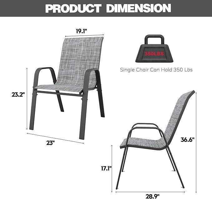Patio Chairs Set of 4, Stackable Outdoor Dining Chairs for All Weather Textilene Fabric & Metal Frame, Outdoor Chairs Set for Backyard Deck Garden (Grey, Set of 4) Vimstora