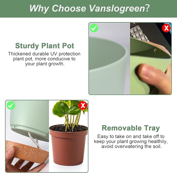 Planters for Indoor Plants, 10/9/8 Inch Self Watering Plant Pots with Drainage Hole, Plastic Planters Flower Pots for Indoor Outdoor Plants (Green) Vanslogreen