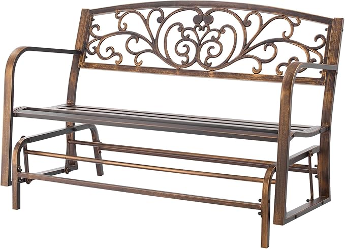 VEVOR Outdoor Bench, 50 inch, Carbon Steel Metal Frame with Cast Iron Backrest and Round Edge Armrests, Weatherproof Outside Glider Bench for Patio, Garden, Park, Yard, Front Porch, Antique Bronze VEVOR