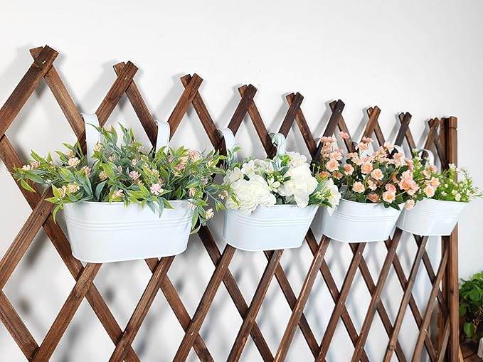 10" Hanging Flower Pots, Pack of 4 White Metal Outdoor Patio Balcony Planter, Railing Planters Fence Pot with Detachable Hook & Drainage Hole for Small Plants (White, 4Pcs) JOYFERNAL