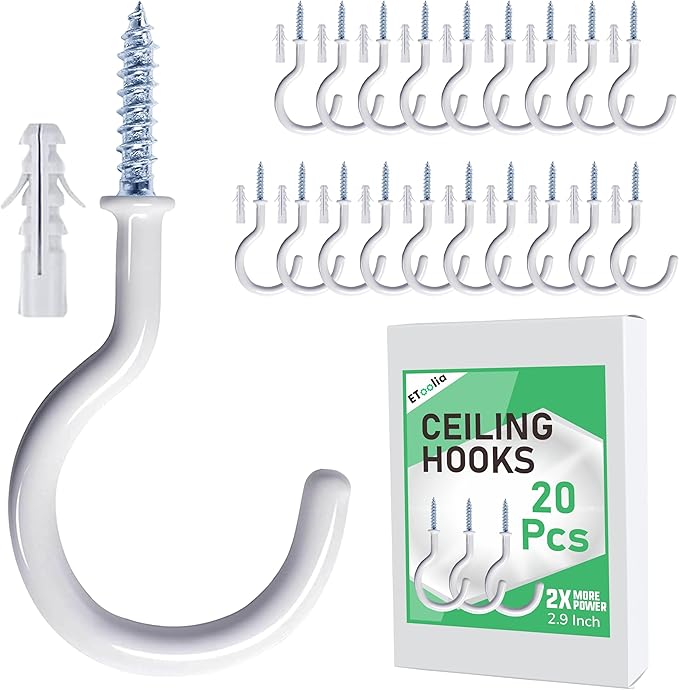 20 Pcs Ceiling Hooks for Hanging Plants - 2.9 inches Heavy Duty, Hanging Hooks for Christmas Lights, Cups, Decors - White Vinyl Coated Screw in Plant Hanger Hook Indoor and Outdoor Etoolia