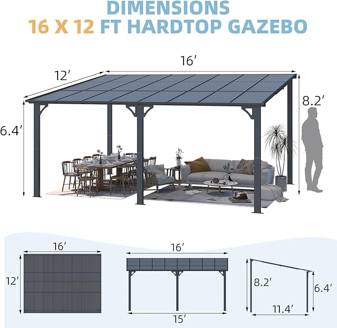 AECOJOY 16' x 12' Gazebo Outdoor Pergola for Patio, 12x16 Large Wall-Mounted Hard Top Lean to Metal Gazebo Shelter Pergolas and Gazebos Clearance with Patio Roof, Heavy Duty Awnings for Decks AECOJOY