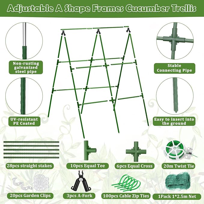 Cucumber Trellis for Raised Beds, 31 X 47 Inch Adjustable Size A-Frame Garden Trellis for Climbing Plant Outdoors with Climbing Net and Plant Support Clip for Vegetable Grape Tomato Garden Supplies LifeisLuck