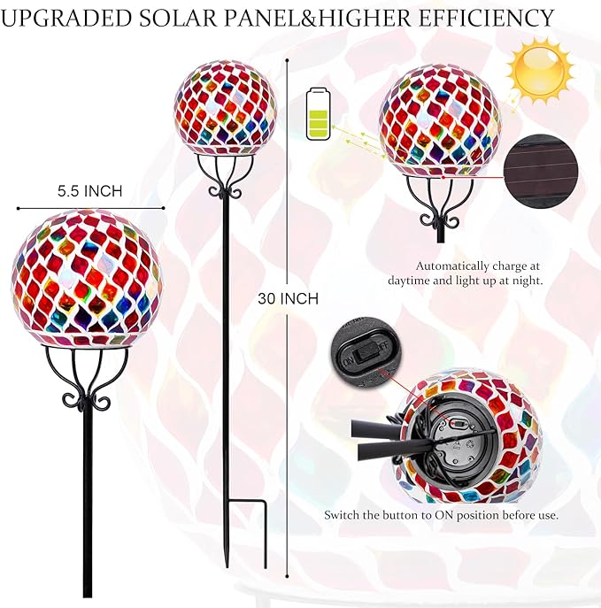 VCUTEKA Solar Outdoor Lights Garden Decor Mosaic Solar Garden Lights Waterproof Glass Ball LED Pathway Stake Light for Landscape Lawn Patio Yard Decoration 6 inch, Red VCUTEKA