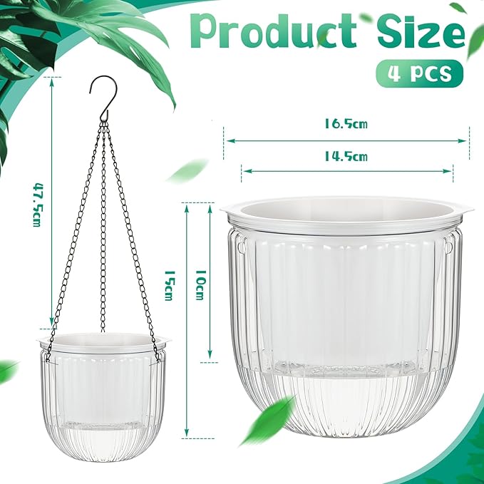 Meanplan 4 Pcs Self Watering Hanging Planter Indoor 6.5 Inch Hanging Baskets for Plants Outdoor Plastic Flower Pot with 3 Hooks Chains Drainage Holes for Garden Home, Medium Size(Clear) Meanplan