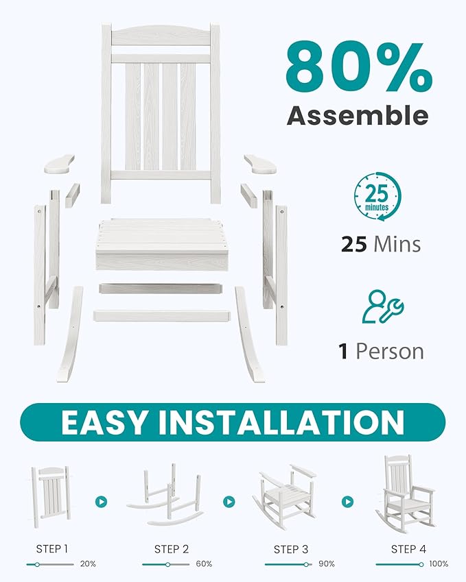 SERWALL Outdoor Rocking Chairs Set of 4, Oversized HDPE Porch Rockers for Adults, All-Weather Composite Patio Rocking Chairs, White SERWALL