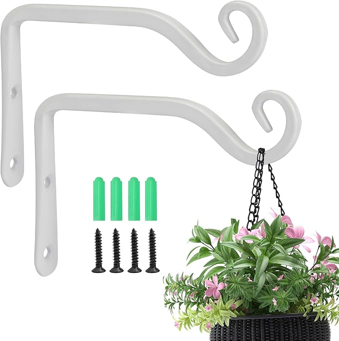 Jardim 2 Pack 6 Inch Premium Decorative Metal Iron Wall Hook, Indoor Outdoor Plant Hanger, Rustic Hanging Gardening Bracket Hook, for Planters, Bird Feeders, Lanterns, Wind Chimes (White) Jardim