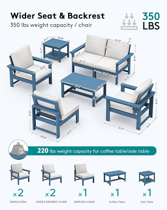 SERWALL HDPE Patio Furniture Set, 7-piece Outdoor Sectional Sofa Set, All Weather Outdoor Couch Set for Deck, Lawn, Blue Frame with Khaki Cushion SERWALL