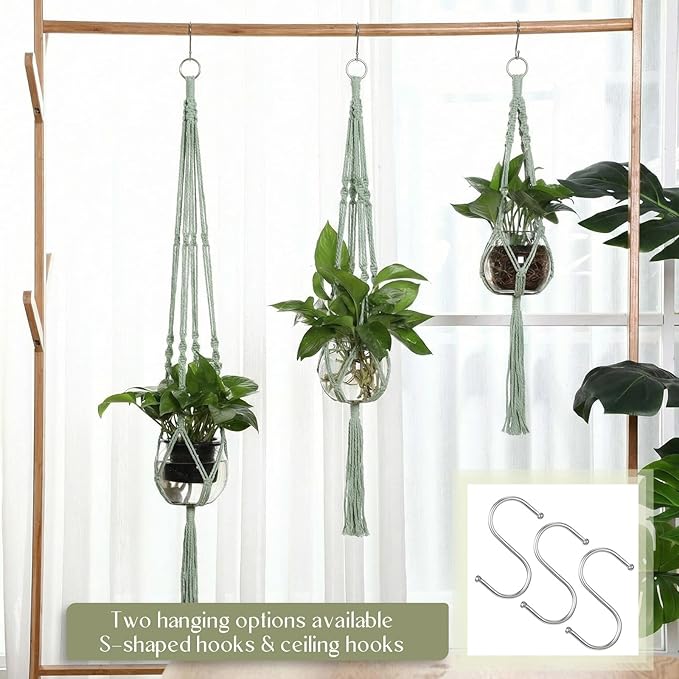 6 Pcs Plastic Plant Propagation with Boho Macrame Hanger Wall Plant Propagation Station Hanging Holder Include Hooks Kit for Indoor Home Garden Office Decor 3 Size (Sage Green) Colingmill