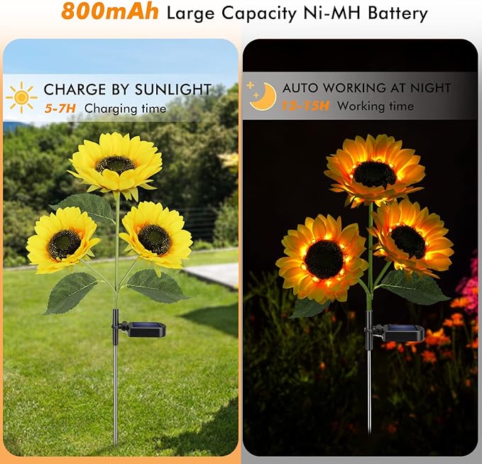 Solar Sunflower Lights, 800mA Solar Garden Light with Real Looking Flowers Outdoor Waterproof Solar Stake Lights for Back Yard, Flower Bed, Pathway, Patio, Porch, Fall Decoration (4 Pack) Meagoo
