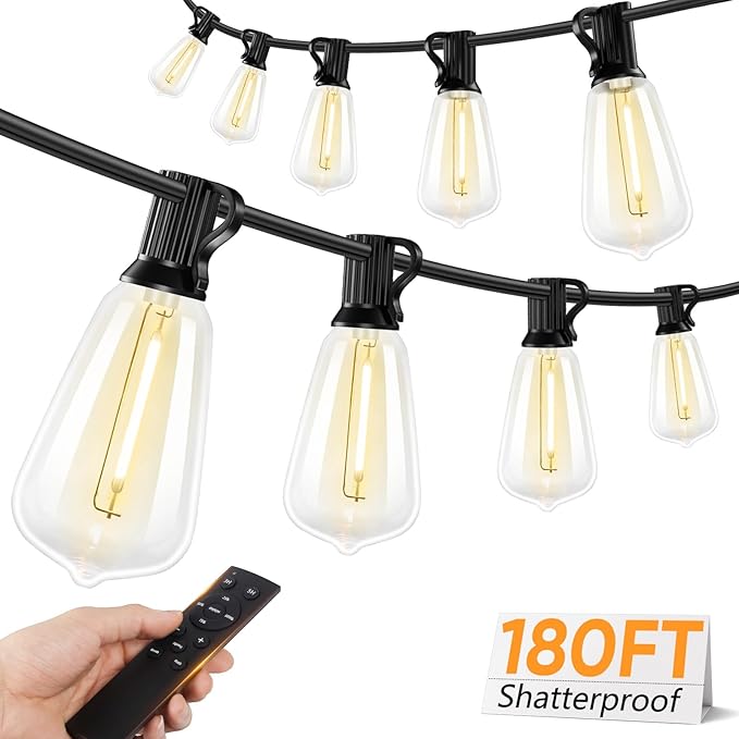 Brightever 180FT LED Outdoor String Lights, Dimmable Patio Lights with Remote Control, 56 Shatterproof ST38 Edison Bulbs, 3 Lighting Modes, 3H/5H Timer, Outdoor Hanging Light for Pool，Fence, Garden Brightever