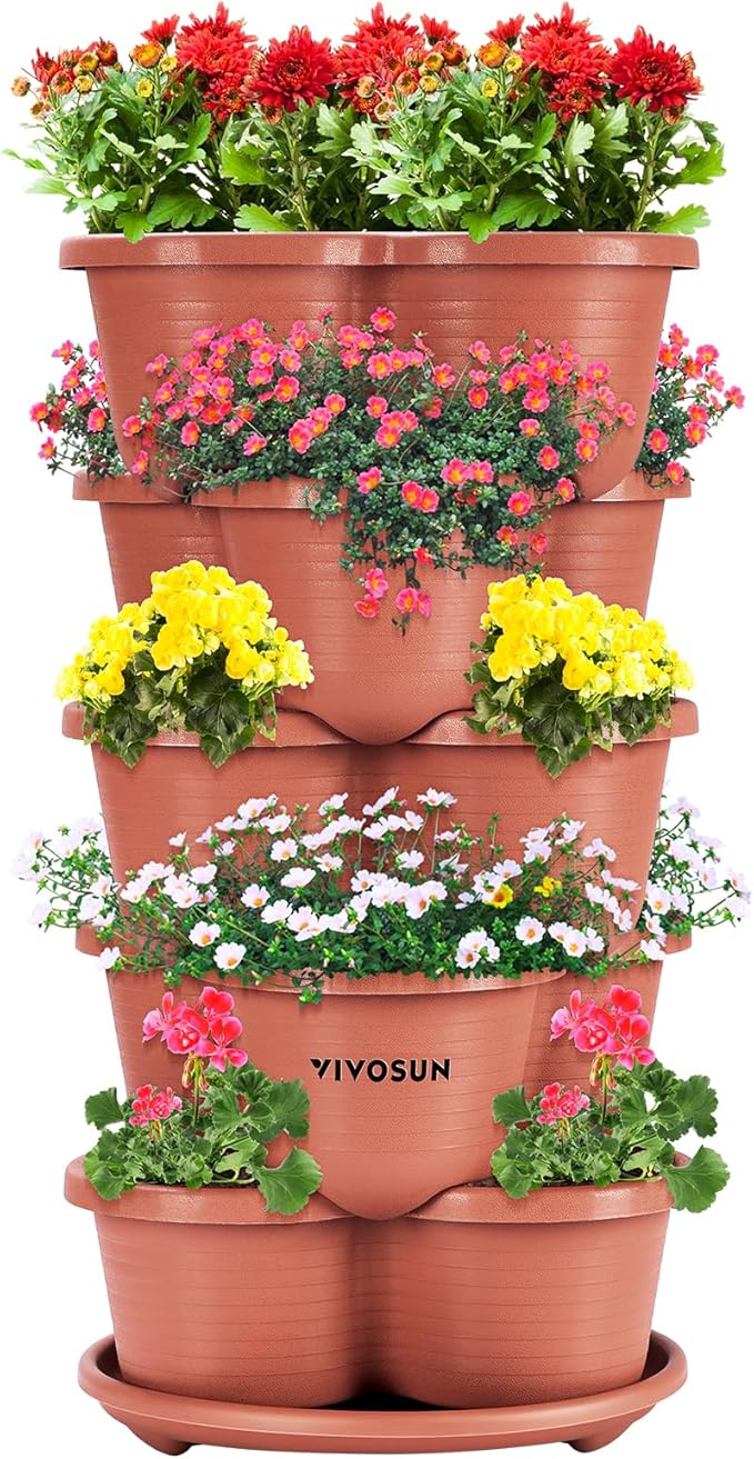 VIVOSUN 5 Tier Vertical Gardening Stackable Planter for Strawberries, Flowers, Herbs, Vegetables, Brown VIVOSUN