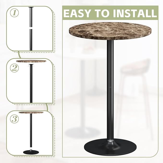 Flamaker Round Bistro Pub Table Modern Style Metal Base MDF Top Cocktail Bar Table Counter Bar Height for Pub, Dining Room, Party (2, Marble-Black) Flamaker