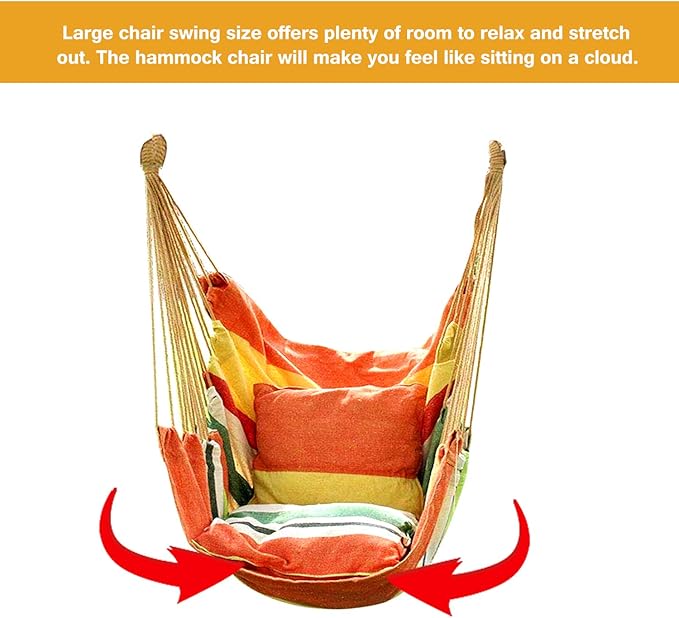 Hommtina Hammock Chair Hanging Rope Swing, Max 300 Lbs Hanging Chair with Pocket & Durability Perfect for Outdoor, Home, Bedroom, Patio, Yard (Pillows NOT Included,Orange) Hommtina