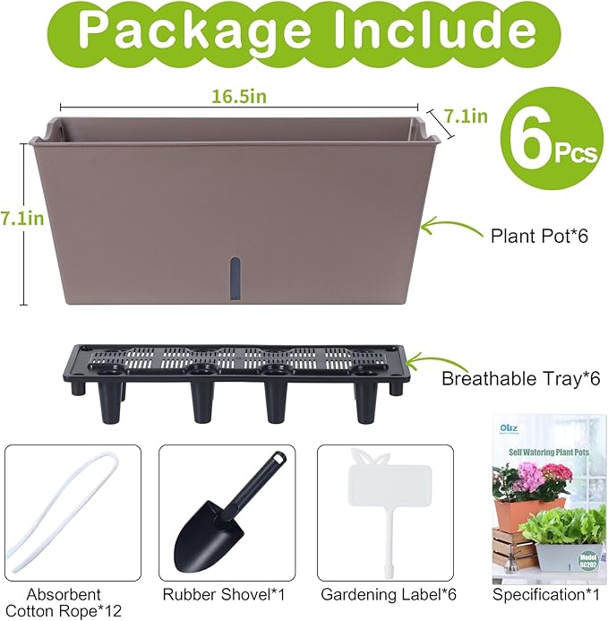 Window Box Planter 6 Pcs, 16.5 Inches Self Watering Rectangle Flower Plant Pots with Drainage Holes Trays, Vegetable Planters for Windowsill Patio Garden Balcony Porch Yard (Khaki) Oliz