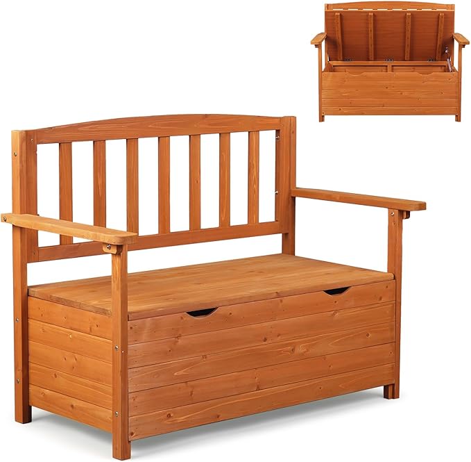 VINGLI Outdoor Storage Bench, Large Wood Deck Box with Seating, Weatherproof Outdoor Bench with Storage Loveseat, 2-Person Wooden Patio Bench for Entryway, Backyard, Garden VINGLI