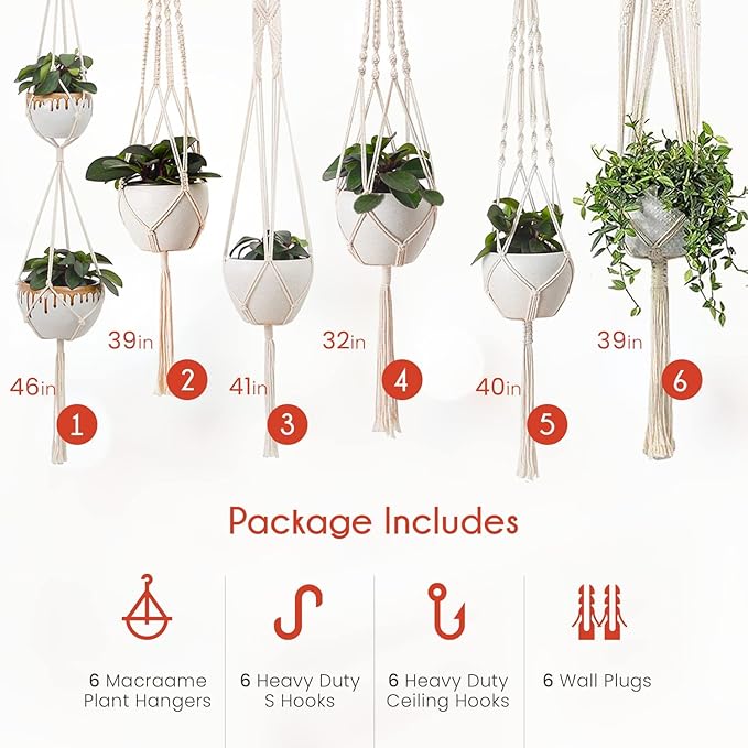 feedee Macrame Plant Hangers for Plants - 6 Pack Macromay Plant Hangers for Indoor Plant Hanger, Boho & Home Decor Feedee