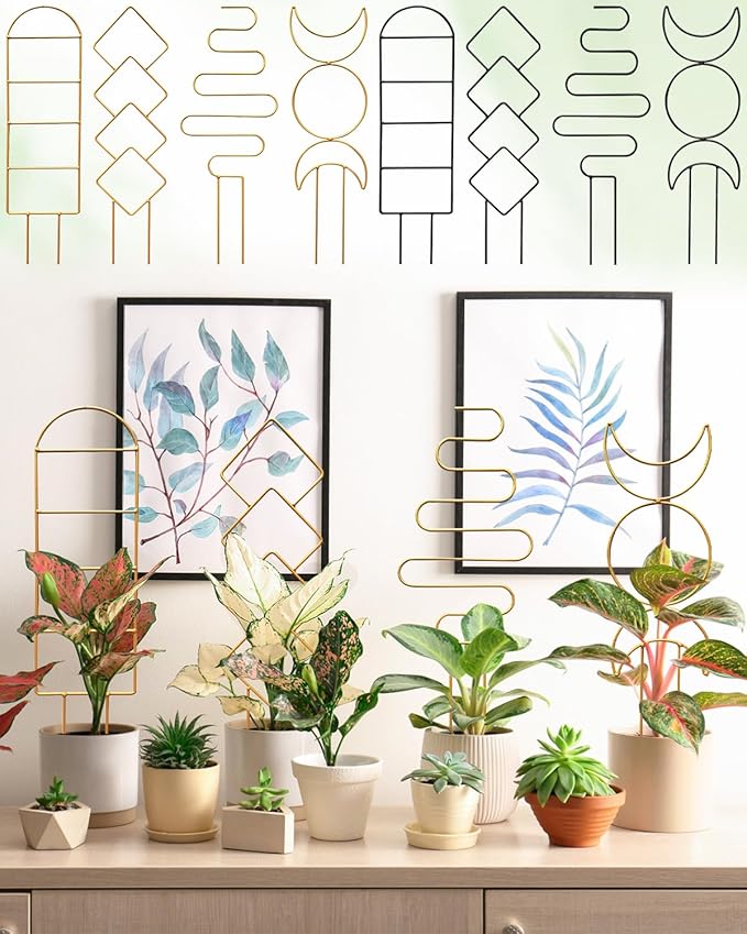 4 Pack Trellis for Climbing Plant Indoor, Small Metal Garden Trellis for Potted Plants Outdoor, Stake Mini Houseplant Trellis Support for Hoya, Vines, Pothos, Monstera (Gold) Rootora