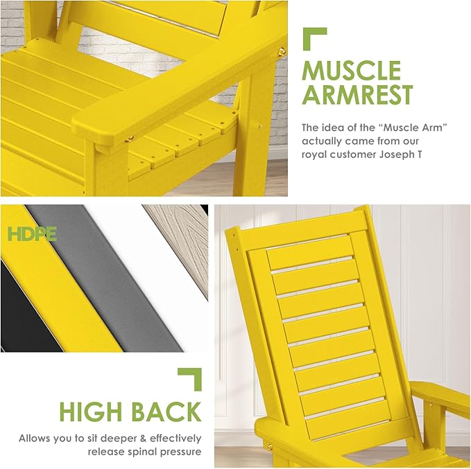 GREENVINES Outdoor Rocking Chair Set | 3-Piece | 2 Rocking Chairs with 1 Side Table | Porch Rocker | HDPE Plastic | Yellow | Patio Furniture Sets | High Back | Big & Tall | Ladder Back GreenVines