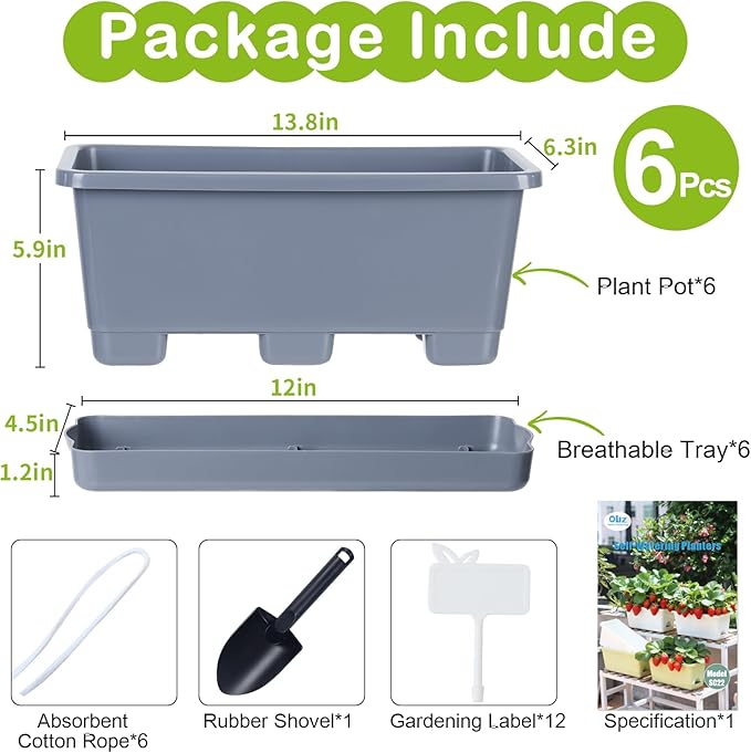 Window Box Planter 6 Packs, 13.8 Inches Rectangle Flower Pots with Drainage Holes & Trays, Pots for Vegetables, Herbs, Flowers, Garden Windowsill Balcony (Grey) Oliz