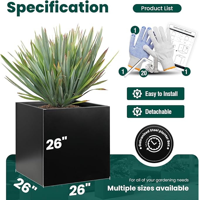 Galvanized Steel Planter Box 26Inch Black Metal Planter Large Square Indoor Outdoor Planters Cube Steel Heavy Duty Flower Pot Powder Coating Modern Commercial Residential for Patio, Yard, Garden GZGNEEVL
