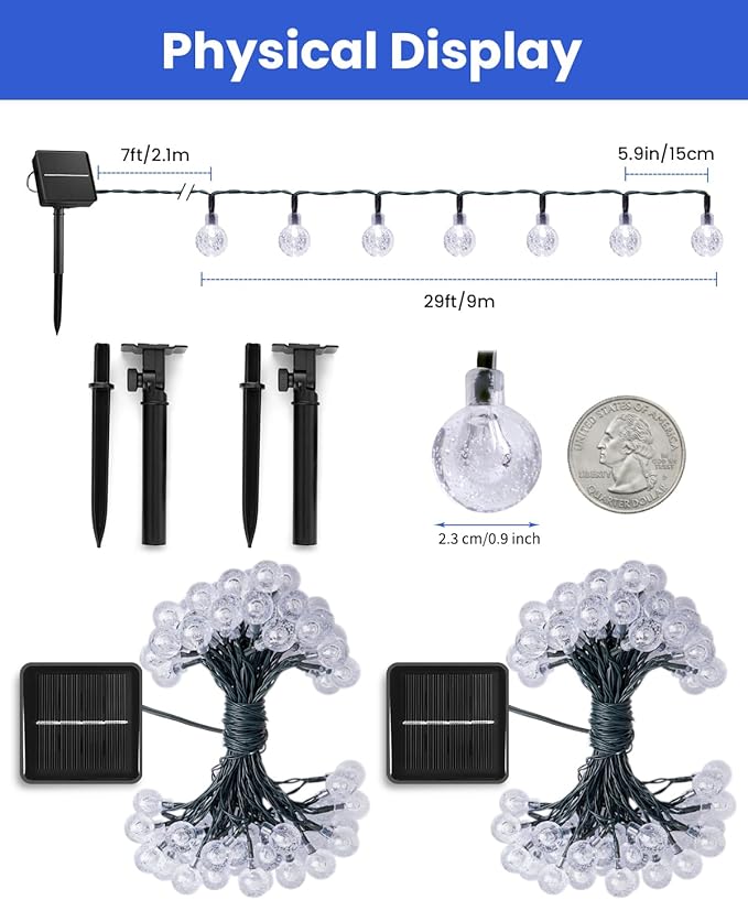 Solar String Lights Outdoor Waterproof, 2 Pack 60 LED 36.5 FT Each, 8 Lighting Modes Solar Powered Patio Lights for Garden Yard Porch Wedding Party Decor (Blue) Brightown