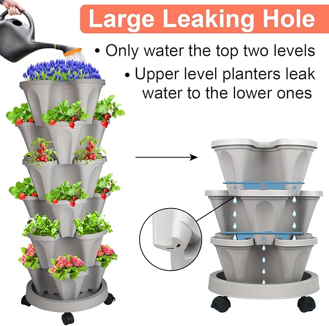 GameXcel Vertical Planter 6 Tier Stackable Planters Garden Planters Strawberry Herb Flower and Vegetable Planter Indoor Outdoor Gardening Pots with Removable Wheels and Tools 2-Pack GameXcel