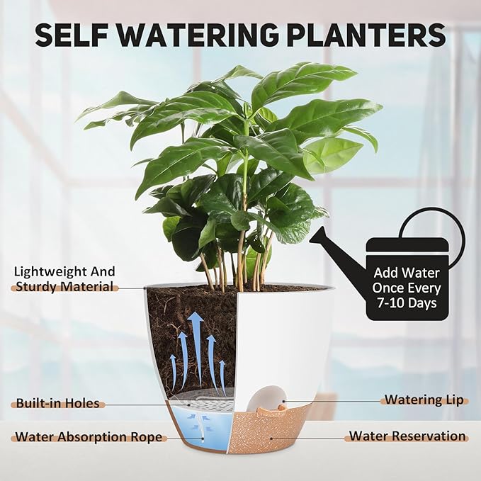 12 Inch Large Self Watering Plant Pot Set, Flower Pots with Multi-Mesh Drainage Holes and Saucer, Suitable for Indoor and Outdoor Garden Plants, White. AFamilyofGardenLovers