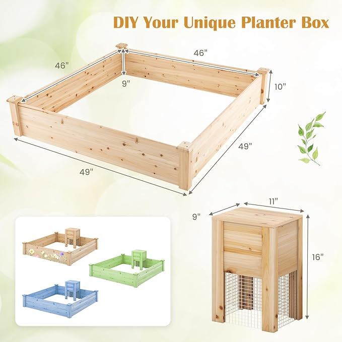 Giantex Raised Garden Bed, 49"x49"x10" Wood Planter Box Kit w/Compost Bin & Open-Ended Bottom for Vegetables, Flowers, Herbs, Fruits, Elevated Square Planting Bed for Patio, Backyard, Garden Giantex