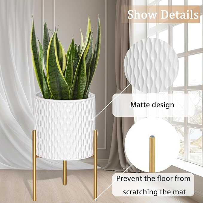 ARNIS Plants Pots with Stand, Set of 2 Planters, Unique Mid Century Decorative Metal Flower Pots with Drainage, 10.5 & 12.25 Inch, White and Gold ARNIS