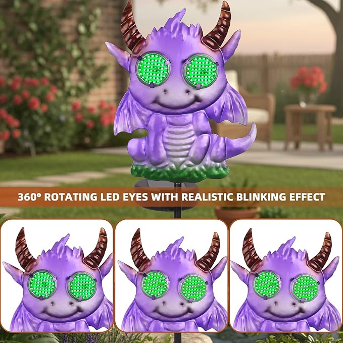 Fantasy Dragon Garden Stakes Decorative 39.7" with Moving Solar Eyeballs, Purple Dragon Garden Decor Pathway Lights for Outside Patio Lawn Yard Metal Art YHSOLAR