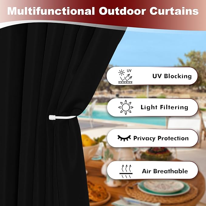 HolidayIdeas Grommet Outdoor Curtains for Patio Waterproof 8 Pcs All Weather Balcony Black Outside Curtains for Apartments, Gazebo, Pergolas, Porch, 54x84 Inch HolidayIdeas