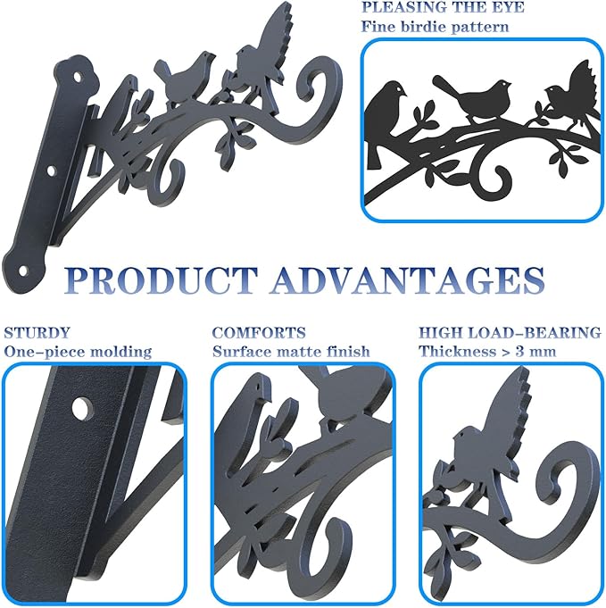 Metal Hanging Plant Bracket with Birdie Pattern 2 Pack – Heavy Duty Plant Hooks for Hanging Flower Baskets，Plants, Bird Feeder, Wind Chime - Indoor/Outdoor Use，Black Matte Texture (12 in) Rootora