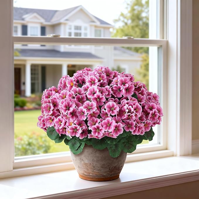 2 Pack Artificial Geranium Flowers Topitary Trees for Outdoors, UV Resistant Geraniums Potted Bushes Look Real Silk Faux Plants for Front Door Garden Porch Planter Farmhouse Home Decor (Pink) GLIDLION