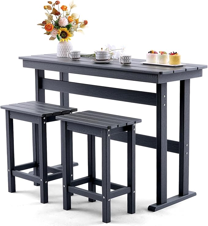 3 Piece HDPE Outdoor Bar Height Table and Chairs Set of 2 Includes High Top Patio Table and Chairs, Outside Patio Bar Set for Bistro,Balcony,Backyard,Poolside (Grey, 3 Piece) Rootora