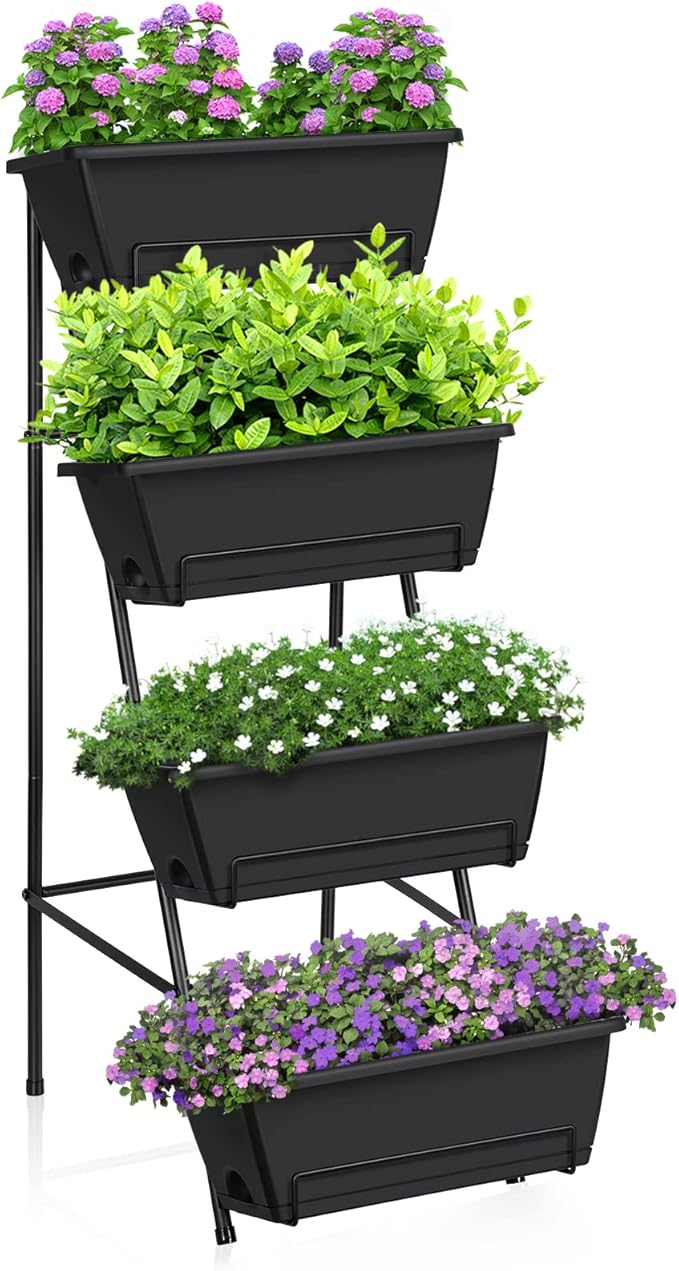 OYEAL Raised Garden Bed 4 Tier Vertical Garden Planters Indoor Outdoor Raised Planter Box with Legs Elevated Herb Garden Planter for Flowers Vegetables Plants, Black OYEAL