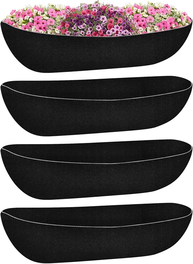 Riare 4 Pack 24 Inch Black Felt Window Box Liners- Fabric Trough Planter Basket Liners Replacement, Non-Woven Hanging Plant Liner for Wall Hanging Basket, Garden Fence Railing (Avoid Bird Nesting) Riare