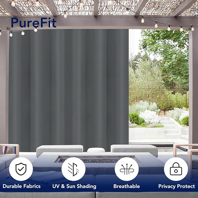 PureFit Outdoor Curtains for Patio Waterproof Weatherproof, UV Resistant Outside Curtains for Gazebo, Front Porch, Pergola, Sun Blocking Privacy Curtain, 100W x 120L inch, 1 Panel, Gray PureFit