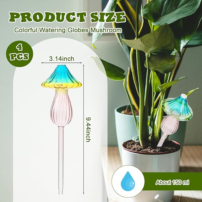 4 Pcs Plant Watering Globes Self Watering Planter Insert Glass Water Bulbs for Indoor and Outdoor Plants Mushroom Plant Watering Devices for Travel Vacation Retainbre