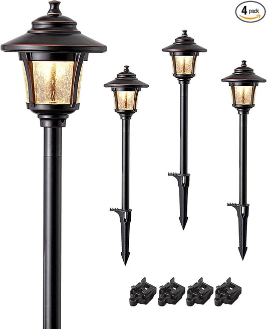 EDISHINE Low Voltage Landscape Lighting, 12V 3W 120LM 3000K Seed Glass Outdoor Landscape Path Lights with Connectors, ORB Waterproof Electric LED Pathway Light Wired for Walkway Garden Yard, 4 Pack EDISHINE