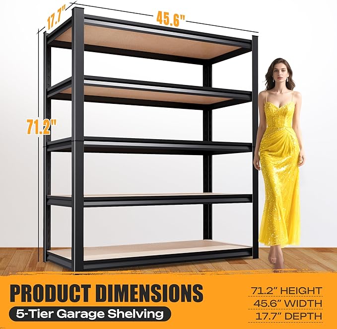 Set of 2 Garage Shelving Heavy Duty Storage Shelves, Metal Adjustable Shelving Unit, Utility Garage Organizer Shelf for Basement, Pantry, Kitchen, Warehouse, 17.7" Dx45.6 Wx71.2 H, Black Rootora
