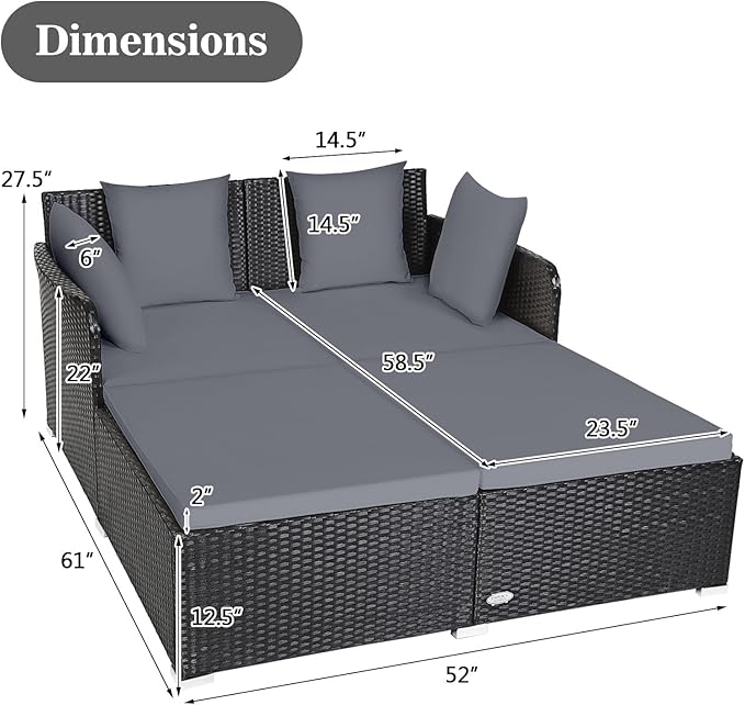 HAPPYGRILL Outdoor Rattan Daybed Patio Loveseat Sofa Set with Padded Cushion Pillows and Sturdy Aluminum Foot Wicker Patio Furniture for Garden Porch Poolside HAPPYGRILL
