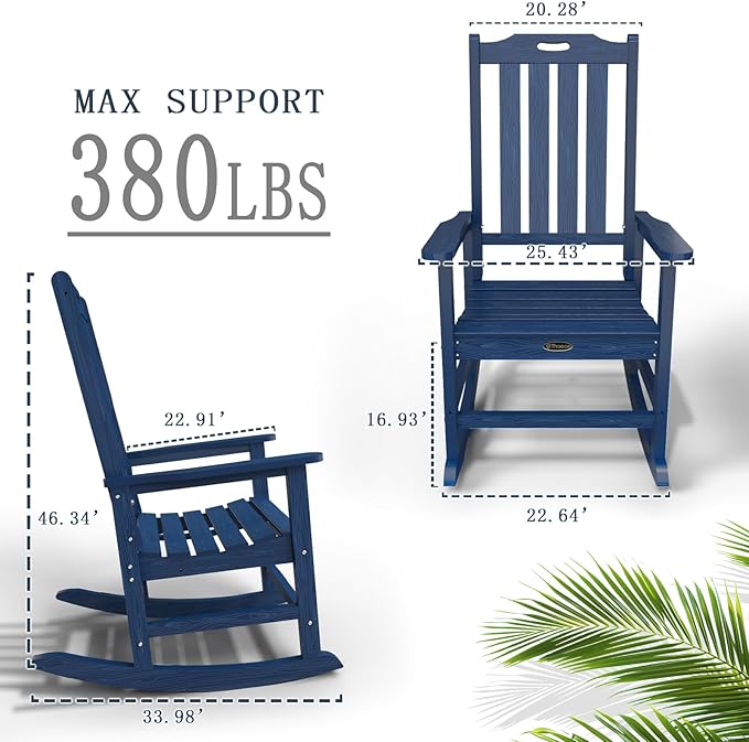 Oversized Rocking Chair Set of 8, Outdoor Rocking Chair for Adults, All Weather Resistant Porch Rocker for Lawn Garden, Navy Blue THOEOE