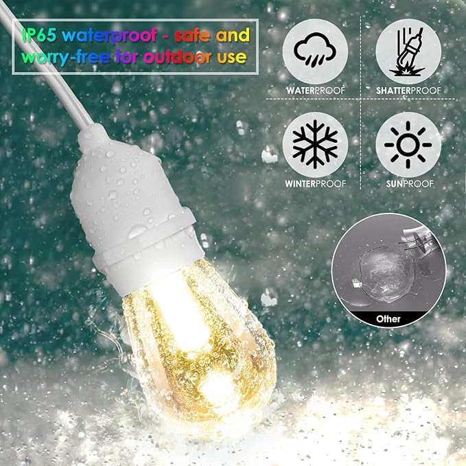 Mlambert 96Ft(2x48ft) Outdoor Patio Lights, RGB Cafe String Lights with Remote Control and 30+5 Dimmable LED Bulbs for Backyard Graden-White 2 Pack Mlambert