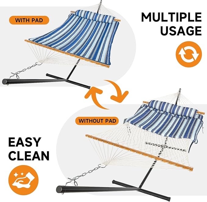 2 Person Outdoor Hammock with Stand, Cotton Rope Hammock with Polyester Pad, Adjustable Steel Frame, Portable with Carrying Bag – for Patio, Backyard, Garden, Beach, Blue Rootora
