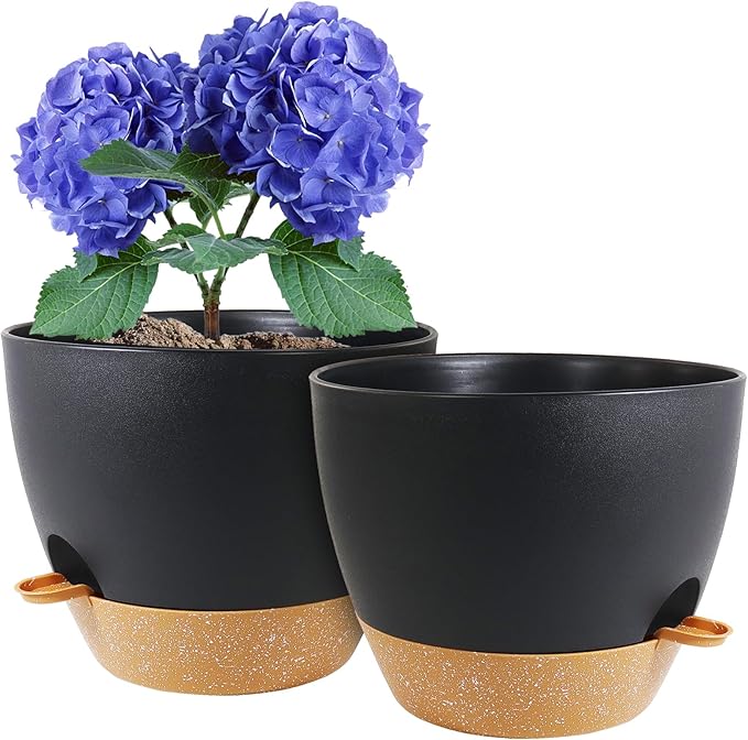 8 inch Self Watering Pots, 2 Pack Plastic Planters with Mesh Drainage Holes for Garden Plants and Flower, Plants Pots with Deep Reservoir for Indoor Outdoor Plants, Black with Brown WSMKSZ